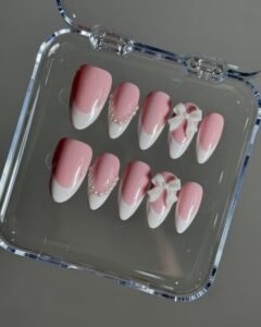 🎀 Blush Pink Pearl French Bow Nails