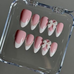 🎀 Blush Pink Pearl French Bow Nails